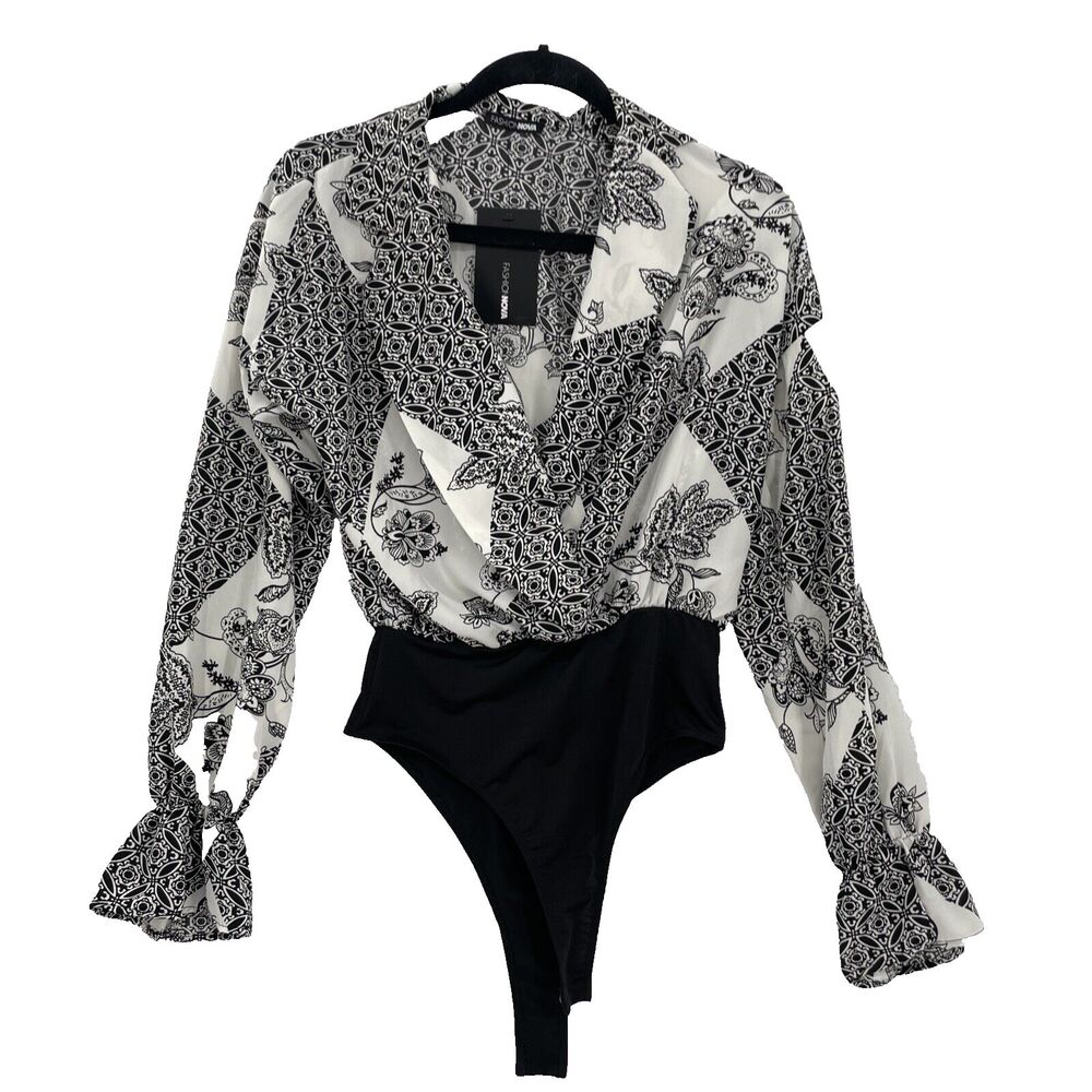 Fashion Nova Sophisticated Mama Bodysuit S Black White Long Sleeve Collar NEW